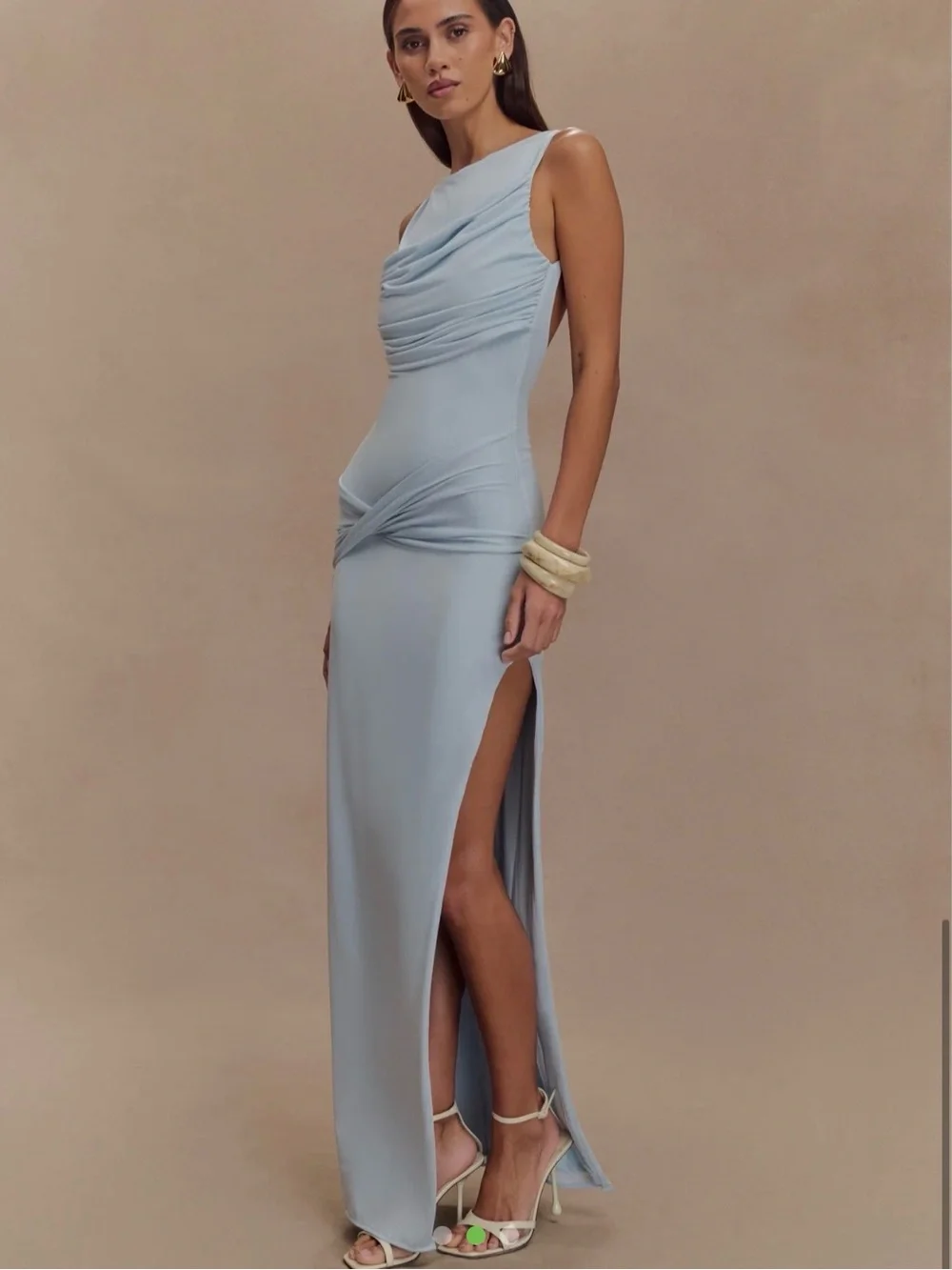 Meshki Pale Blue Sleeveless Maxi Dress with Draped Bodice